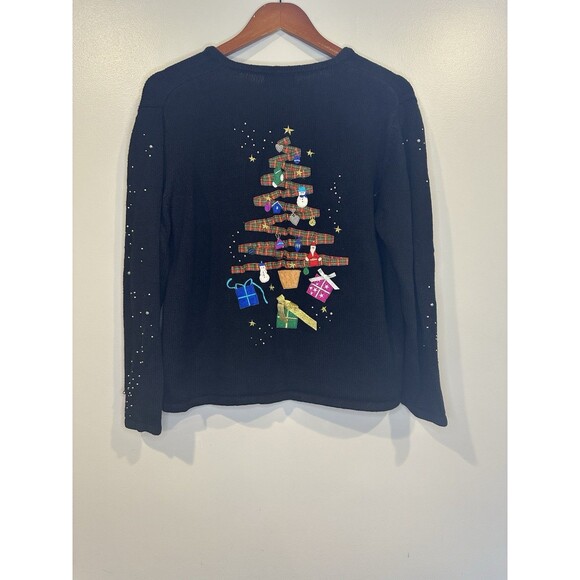 Vintage Black Christmas Cardiagn Petite Large Front Back Holiday Graphic Festive - Picture 2 of 13